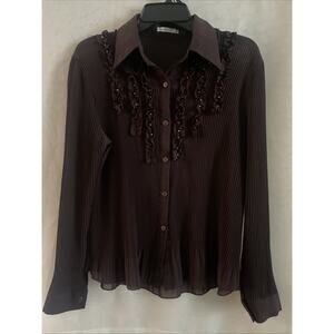 Women’s Medium Blouse Button‎ Down Burgundy Stretch Collar Beads SKF